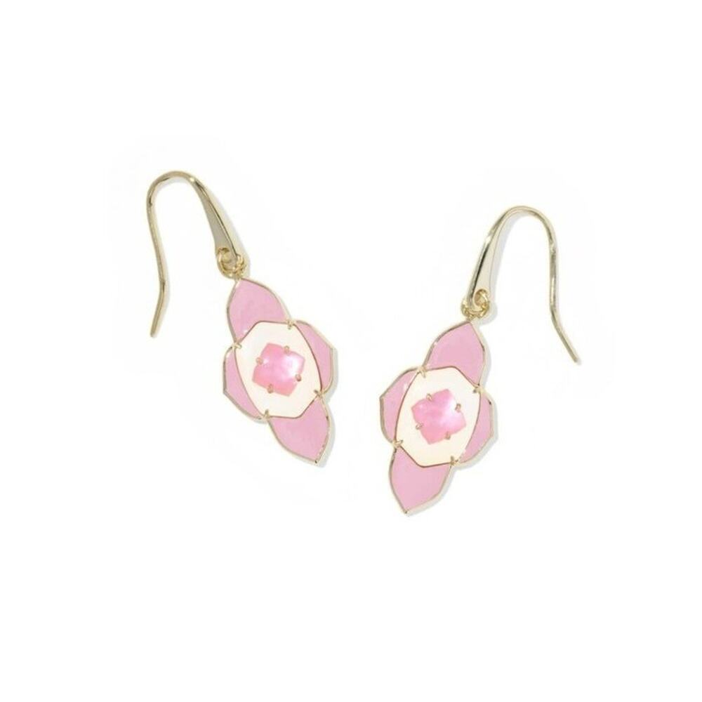 Kendra Scott Pink Enamel Mother of Pearl Gold Drop Earrings Quatrefoil Abbie New